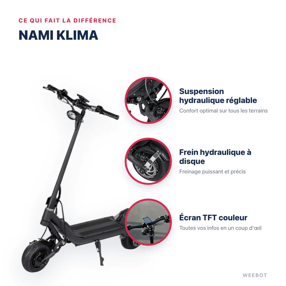 Trottinette Électrique Nami Klima — points forts : Suspension hydraulique réglable, Frein hydraulique à disque, Écran TFT couleur. Nami Klima chez Weebot, expert mobilité électrique.