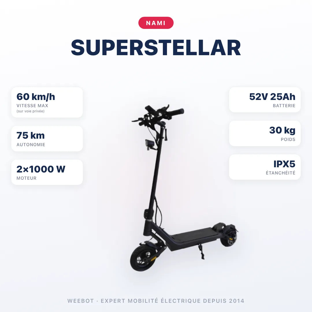 Trottinette Électrique Nami SuperStellar — caractéristiques : 60 km/h sur voie privée, autonomie 75 km, moteur 2×1000 W, batterie 52V 25Ah, 30 kg. Trottinette électrique Nami chez Weebot.
