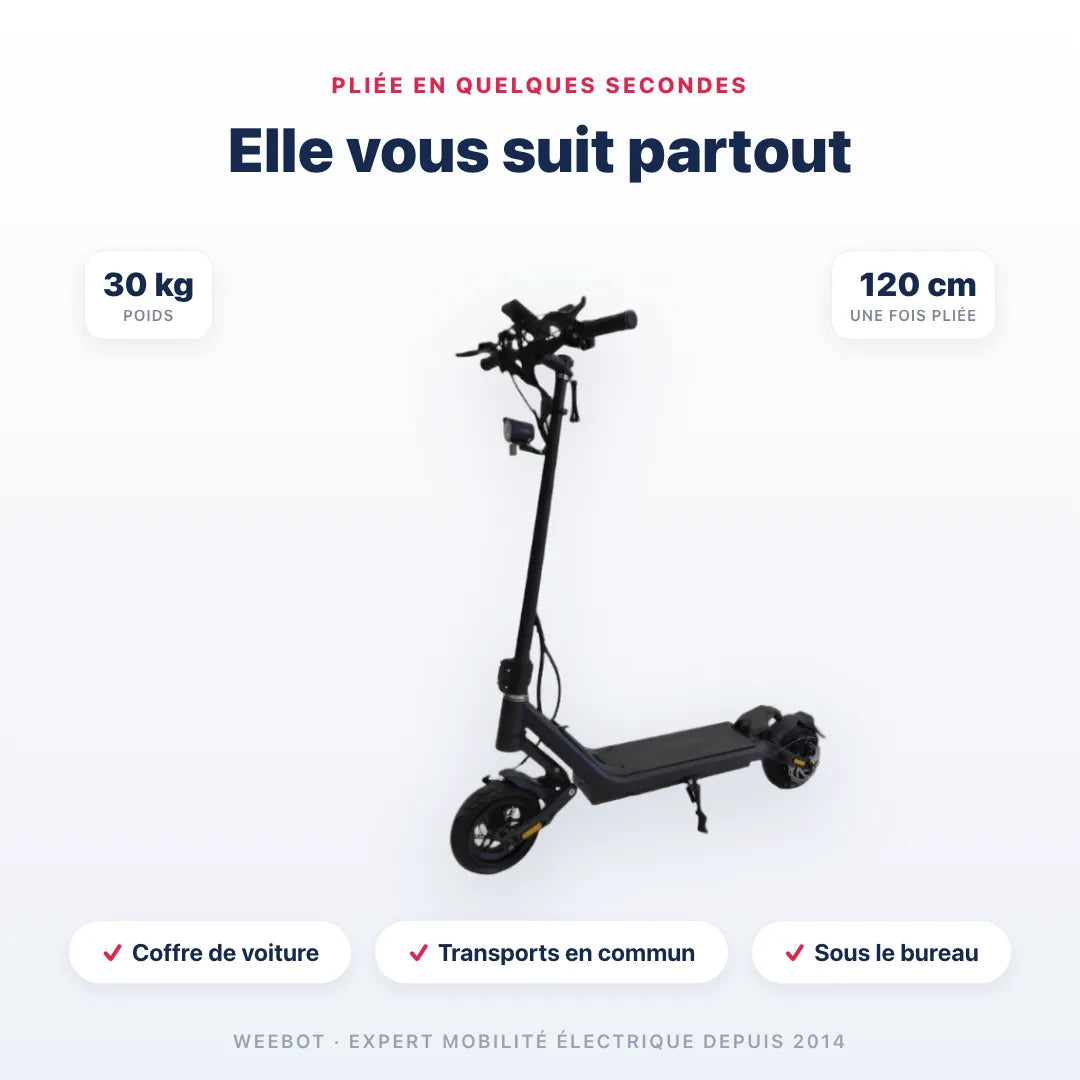 Trottinette Électrique Nami SuperStellar pliée — dimensions 120 cm, poids 30 kg. Compact et transportable, Weebot.