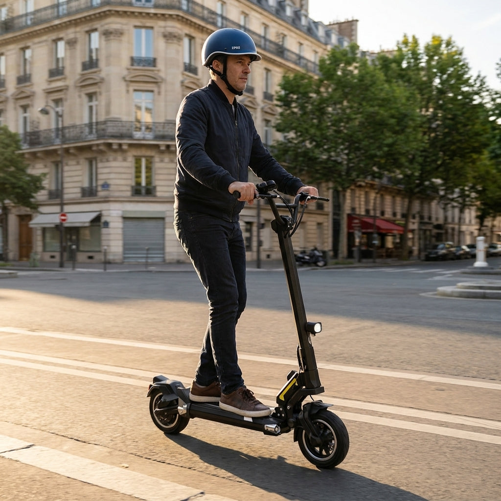 Trottinette Électrique Occasion Dualtron Togo : Reconditionnée — en action sur une piste cyclable urbaine