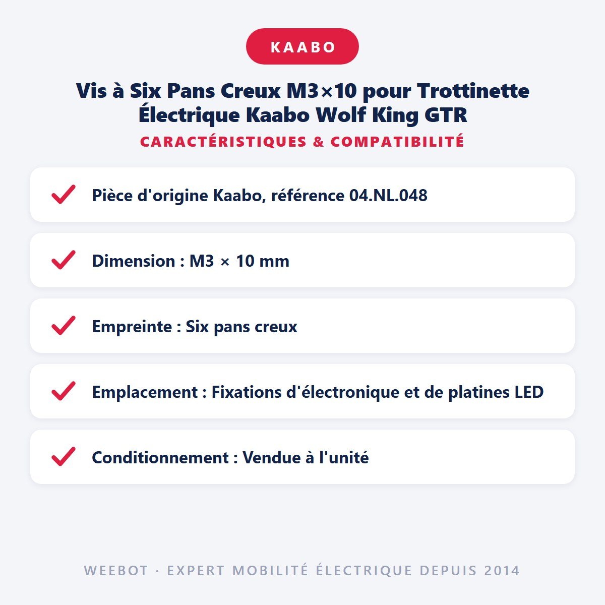 Vis à Six Pans Creux M3×10 pour Trottinette Électrique Kaabo Wolf King GTR - Weebot
