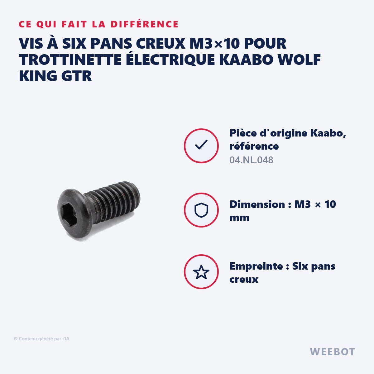Vis à Six Pans Creux M3×10 pour Trottinette Électrique Kaabo Wolf King GTR - Weebot
