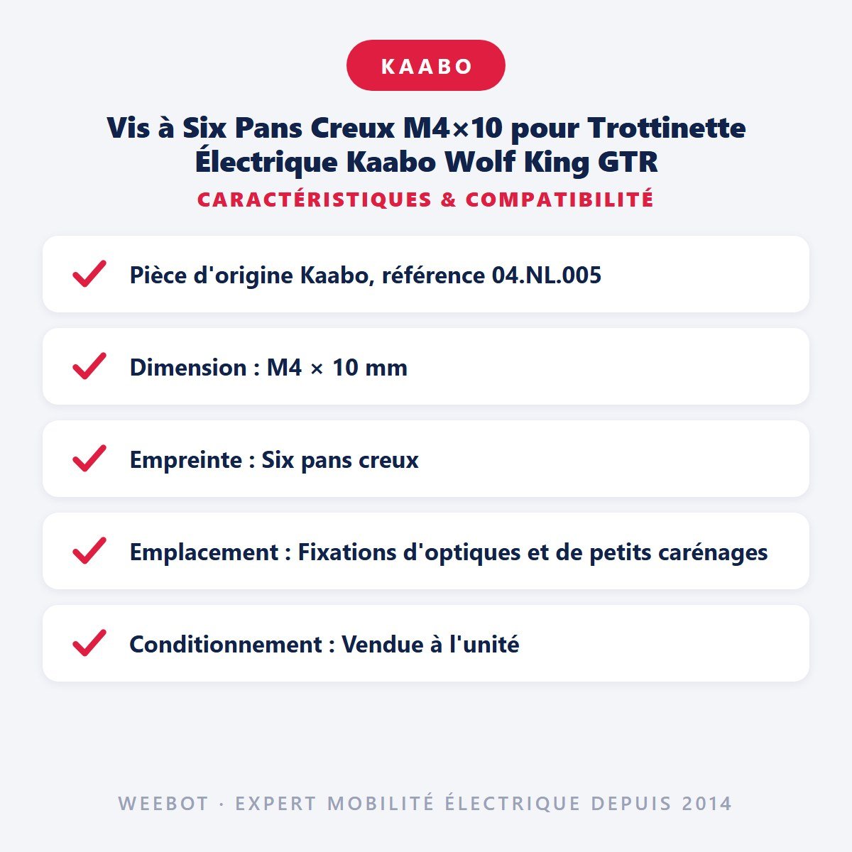 Vis à Six Pans Creux M4×10 pour Trottinette Électrique Kaabo Wolf King GTR - Weebot