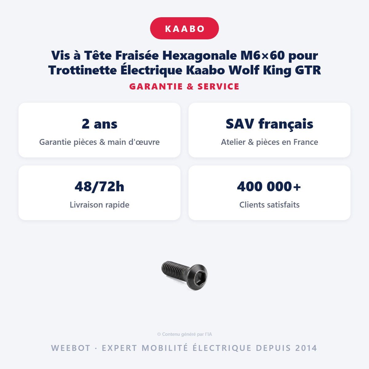 Vis à Tête Fraisée Hexagonale M6×60 pour Trottinette Électrique Kaabo Wolf King GTR - Weebot