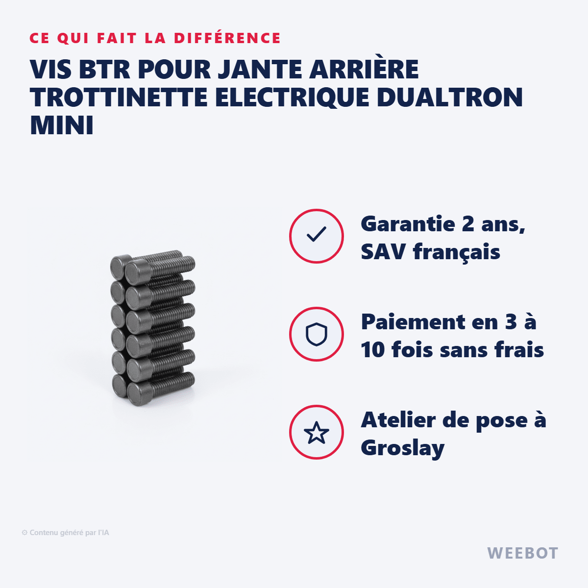 Vis BTR pour Jante Arrière Trottinette Electrique Dualtron Mini (Pack de 6) - Weebot