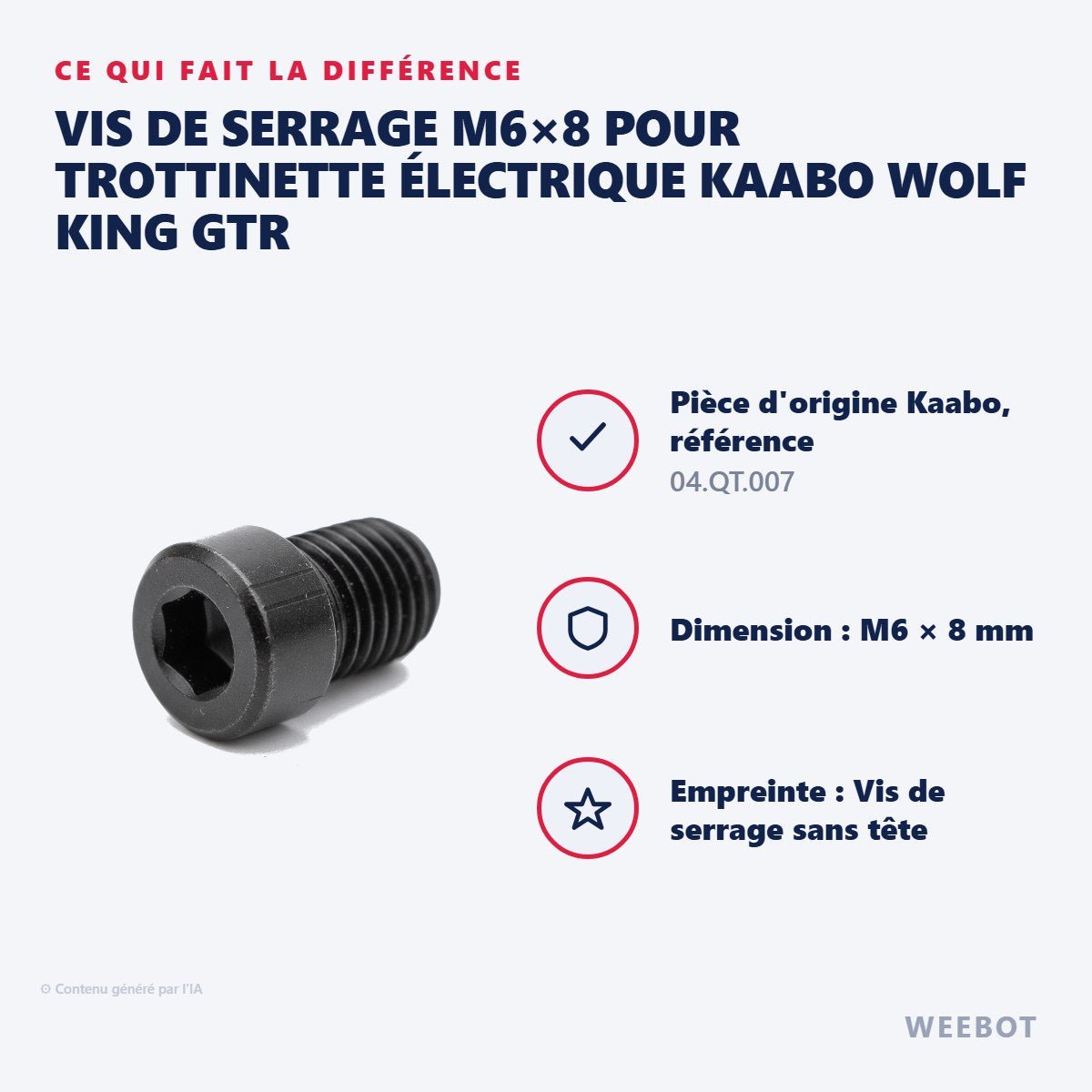 Vis de Serrage M6×8 pour Trottinette Électrique Kaabo Wolf King GTR - Weebot