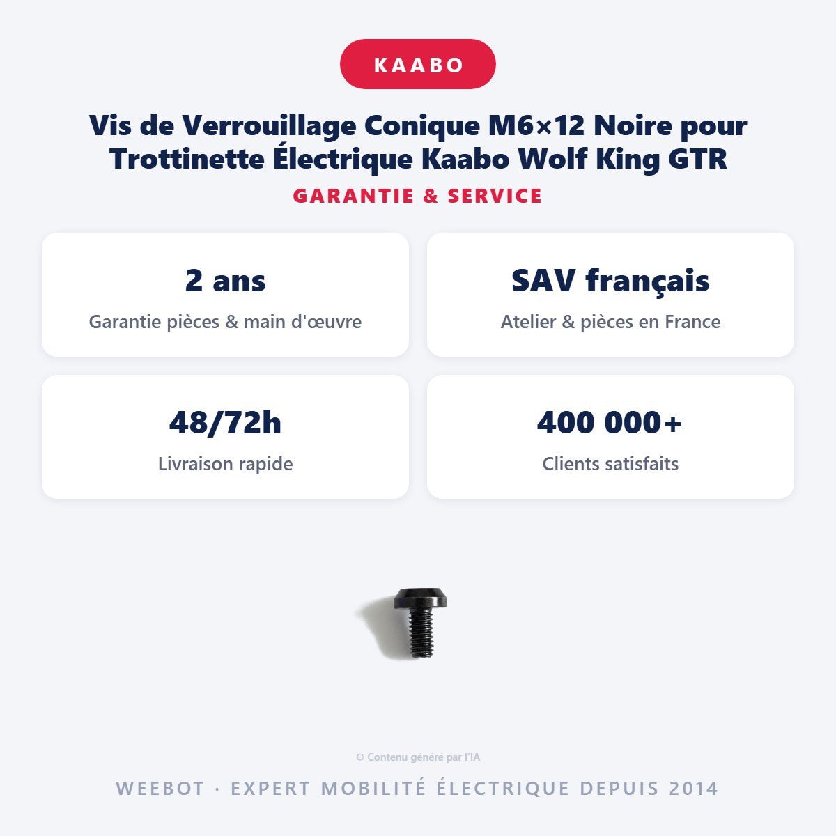 Vis de Verrouillage Conique M6×12 Noire pour Trottinette Électrique Kaabo Wolf King GTR - Weebot