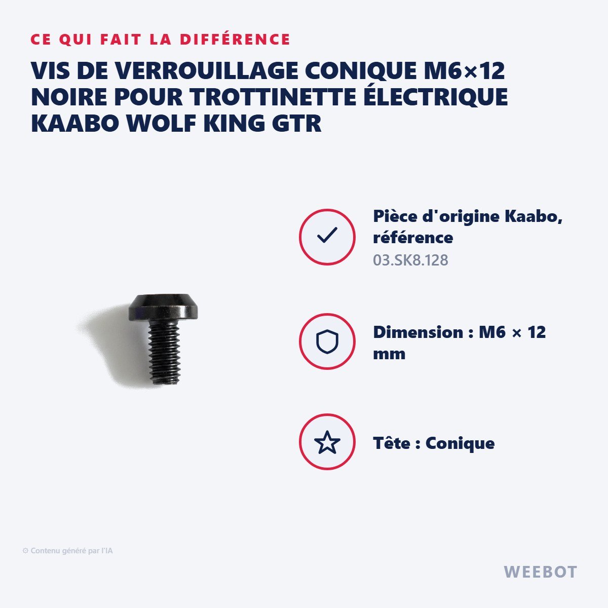 Vis de Verrouillage Conique M6×12 Noire pour Trottinette Électrique Kaabo Wolf King GTR - Weebot