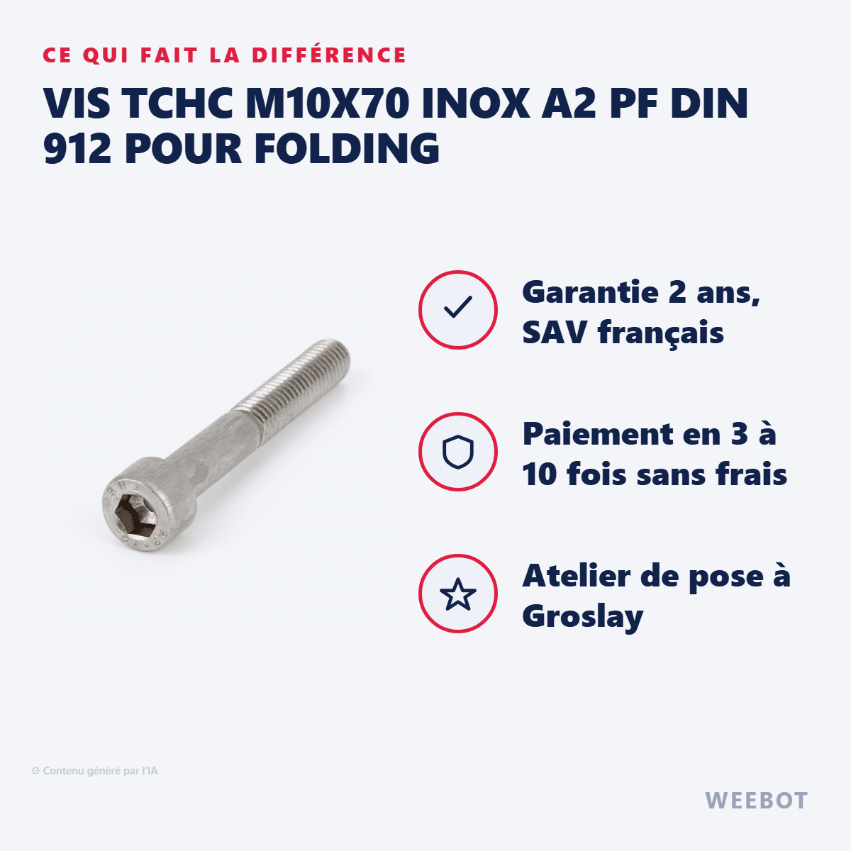 Vis TCHC M10X70 INOX A2 PF DIN 912 pour Folding - Weebot