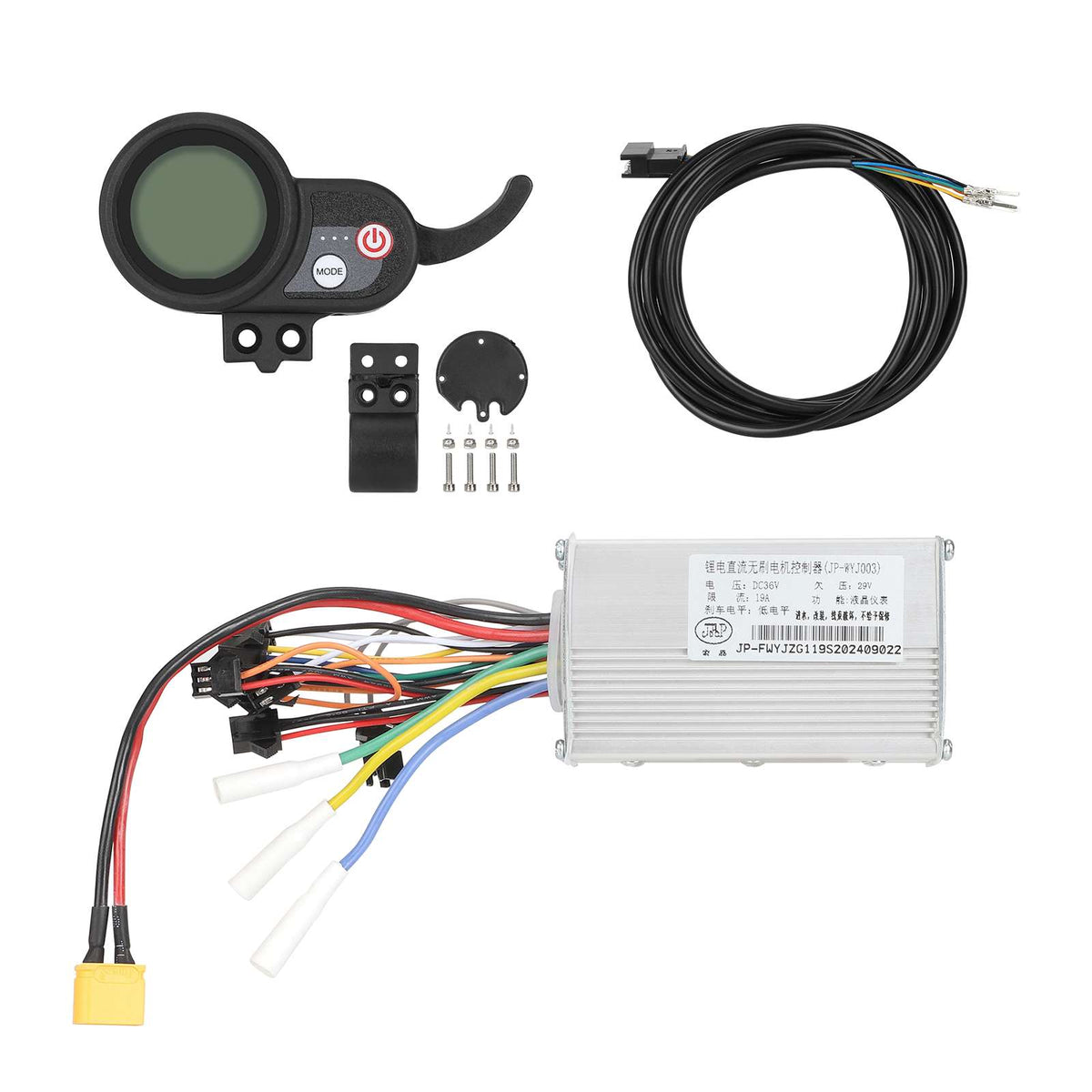 Kit contrôleur 36V 19A, afficheur LCD rond et câble principal sur fond blanc