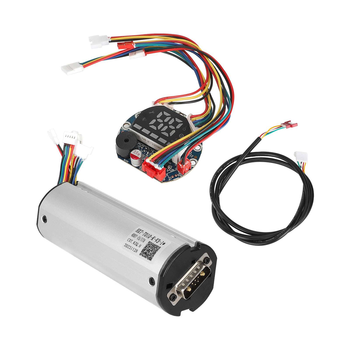 Contrôleur 36V cylindrique avec sa carte d'affichage et son câble de connexion sur fond blanc