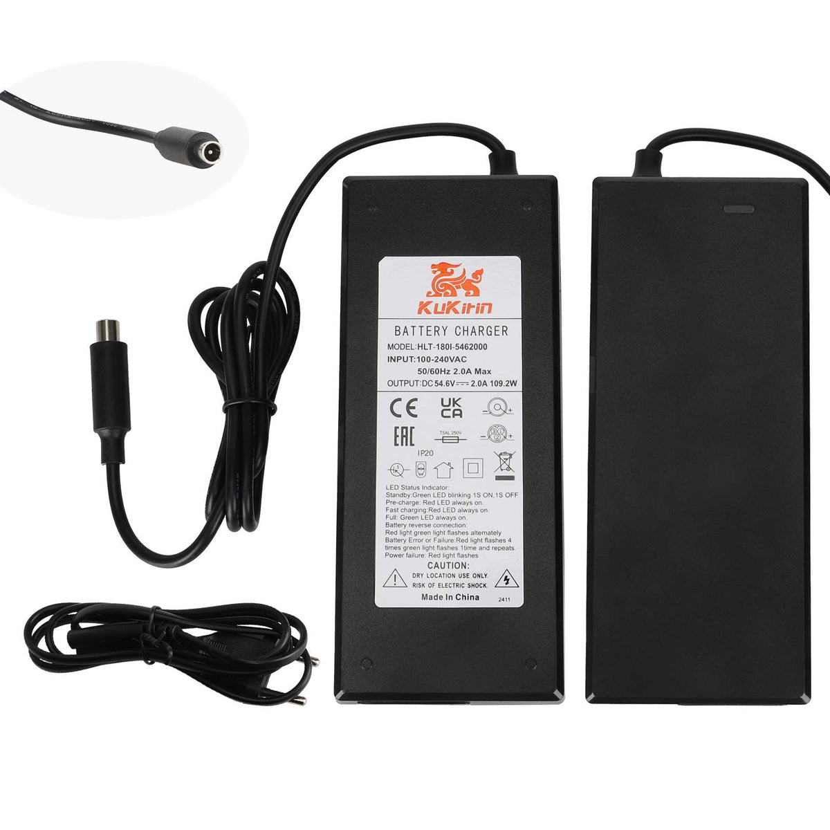 Chargeur d'origine KuKirin 54,6V 2A noir avec câble de charge et prise secteur