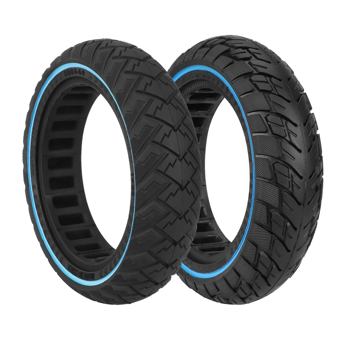 Deux pneus pleins tout-terrain 10 pouces noirs avec liseré bleu pour trottinette électrique