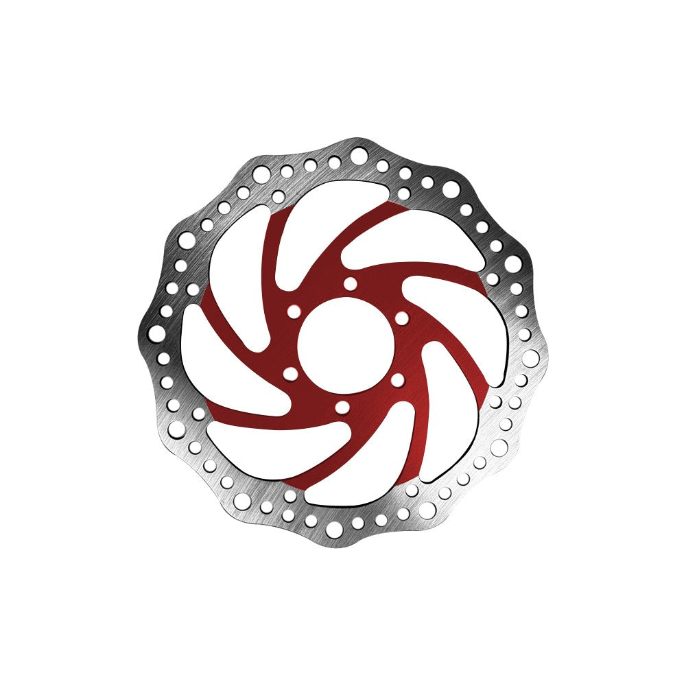 Disque de frein de 160 mm avec le centre rouge et le contour argenté à 6 trous vu de face
