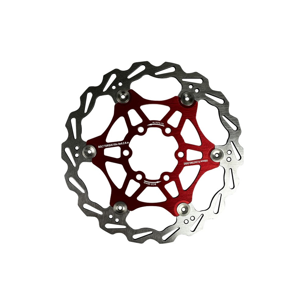 Disque de frein flottant de 160 mm avec centre rouge à 6 trous vu de face