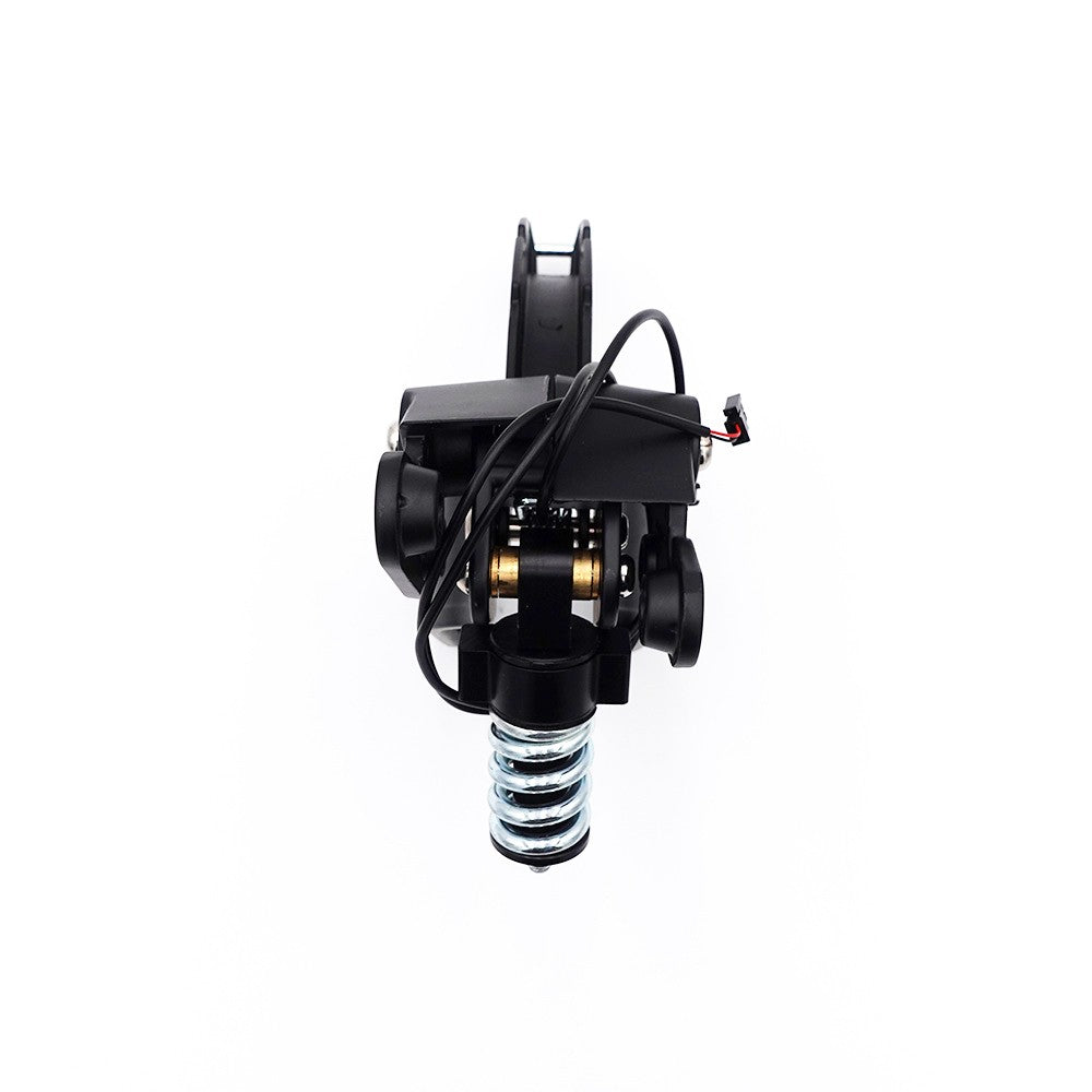 Fourche arrière noire avec ressort de suspension et système de freinage vue de face