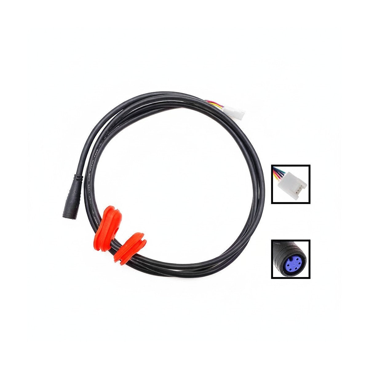 Câble data noir de 140 cm pour trottinette électrique avec passe-câble rouge et détails des connecteurs