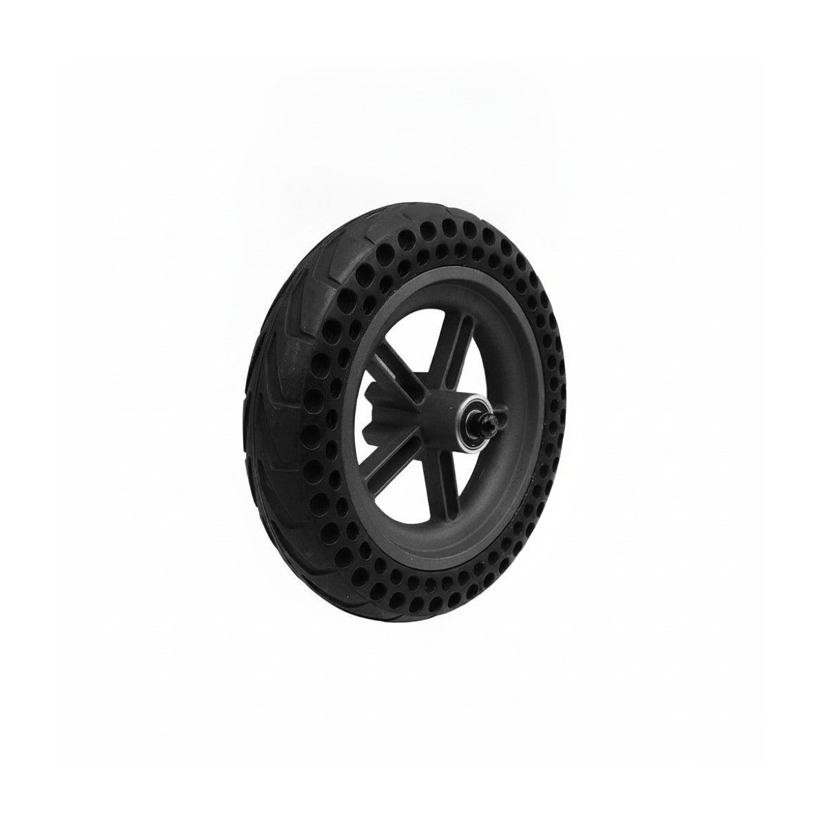 Roue arrière complète noire avec pneu plein alvéolé et jante vue de trois quarts
