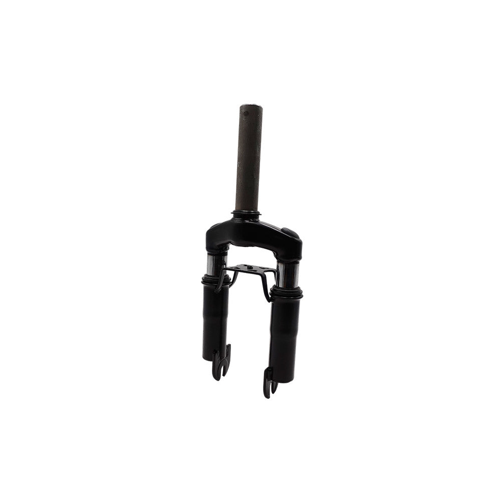 Fourche avant noire avec suspension pour trottinette électrique isolée sur fond blanc