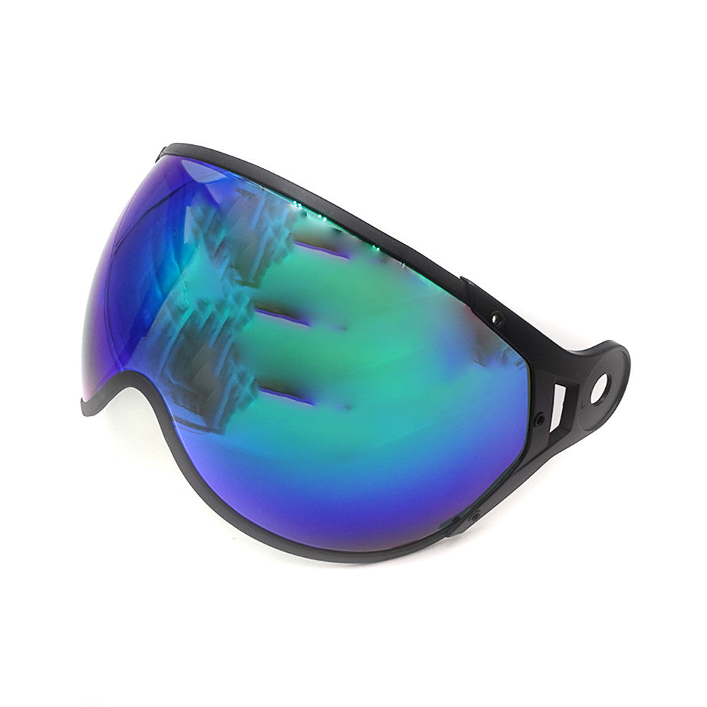 Visière irisée verte et bleue pour casque jet avec support noir sur fond blanc