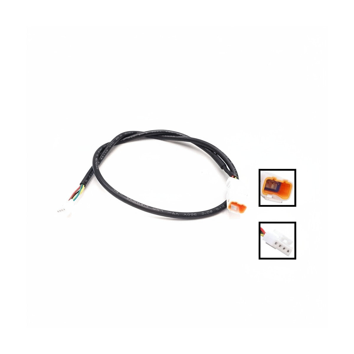 Câble de clignotant gauche noir de 51 cm avec ses connecteurs sur fond blanc