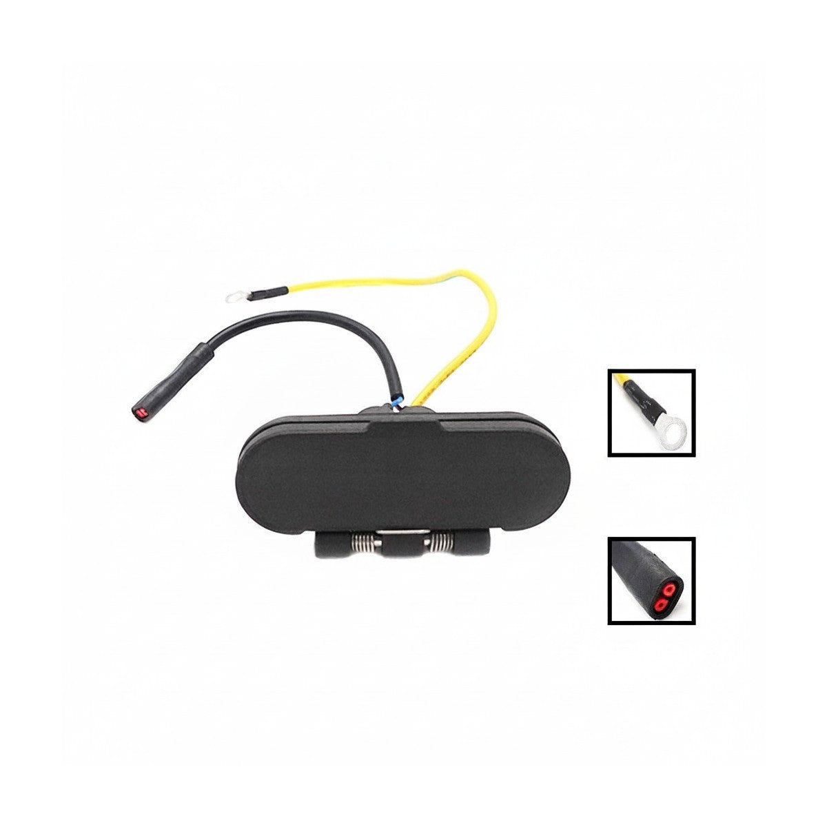Port de charge noir avec clapet de protection et câbles de connexion pour trottinette électrique