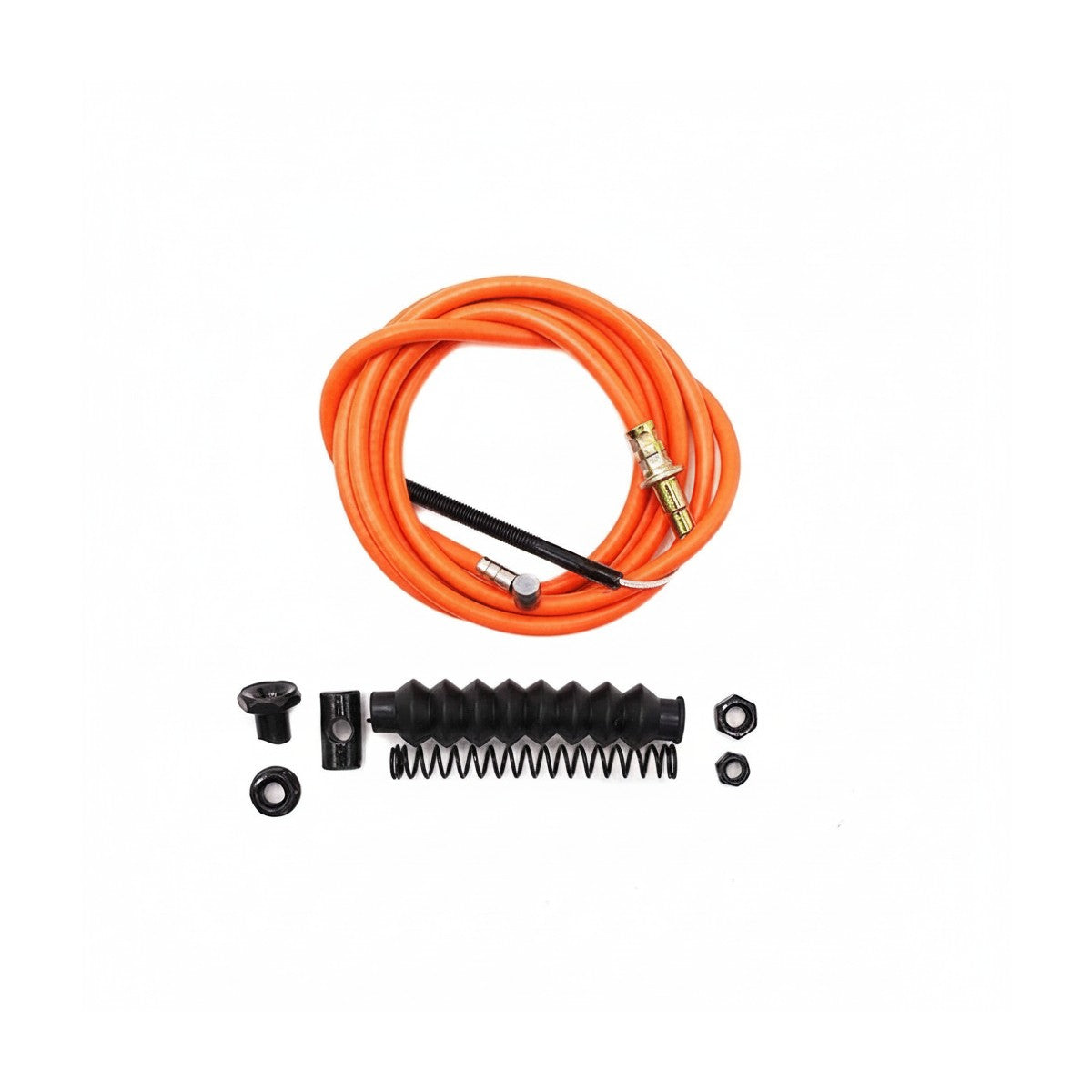 Câble et gaine de frein orange de 145 cm avec ressort et accessoires de fixation sur fond blanc