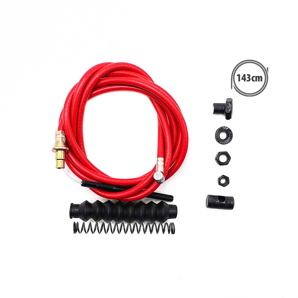 Câble de frein rouge en rouleau avec son ressort et sa visserie de fixation sur fond blanc