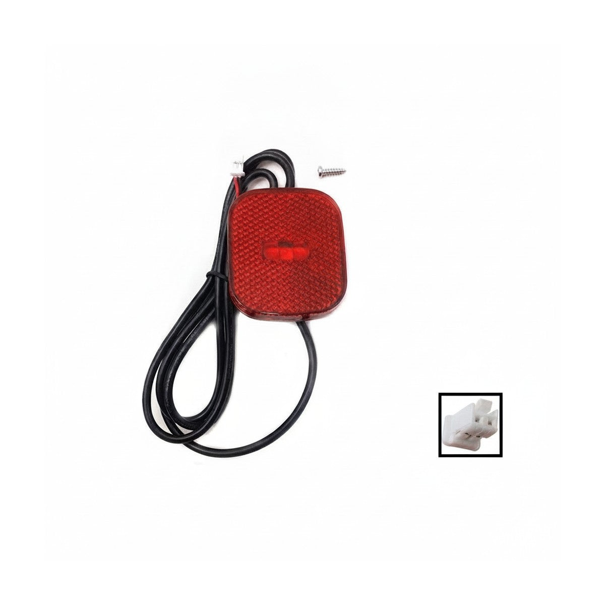Feu LED arrière rouge avec son câble de 103 cm, sa vis de fixation et un zoom sur son connecteur blanc