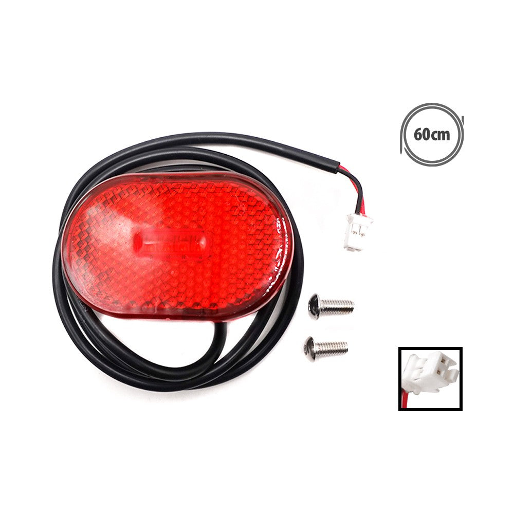 Feu LED arrière rouge ovale avec câble noir et deux vis de fixation sur fond blanc