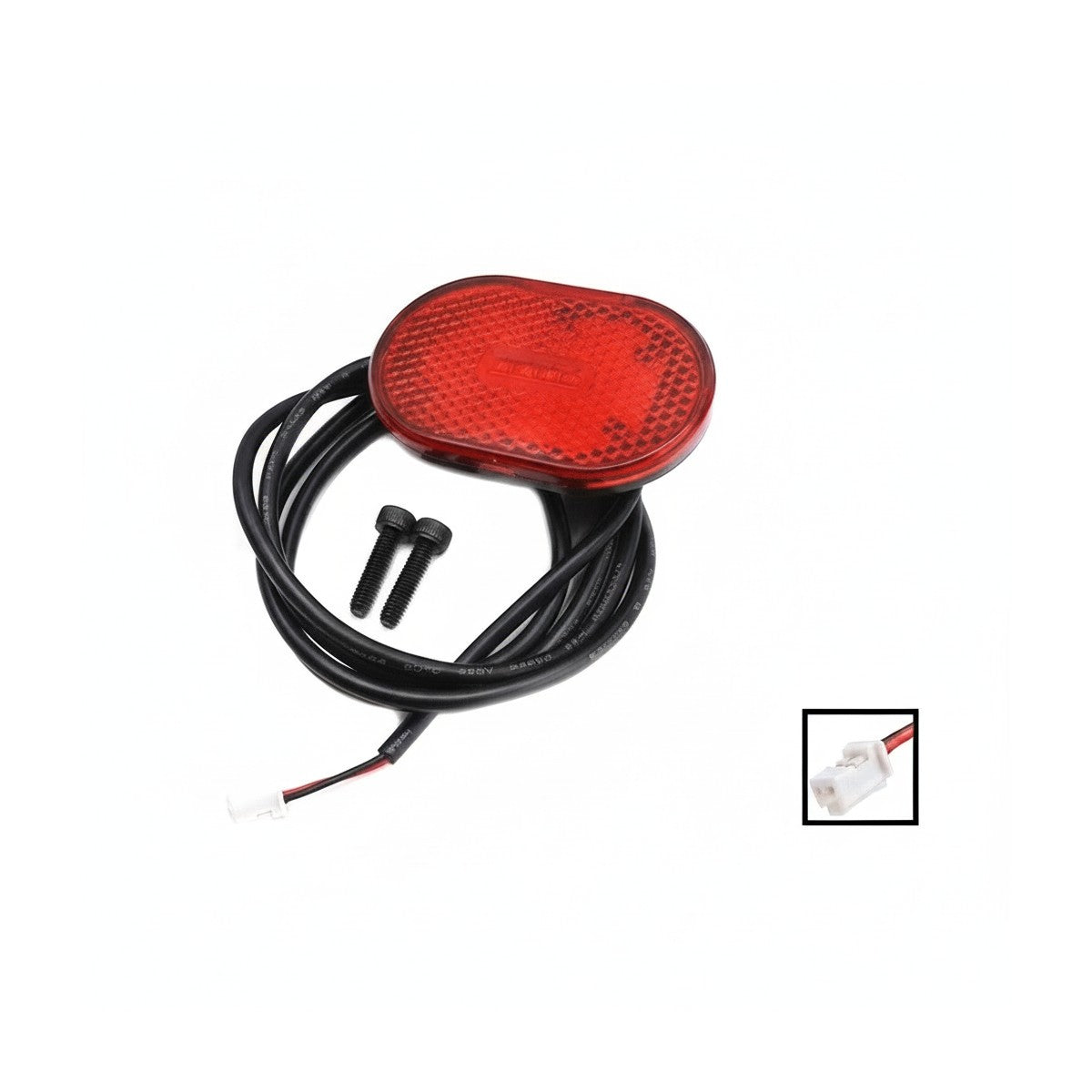 Feu arrière LED rouge ovale avec câble noir de 90 cm et vis de fixation sur fond blanc.