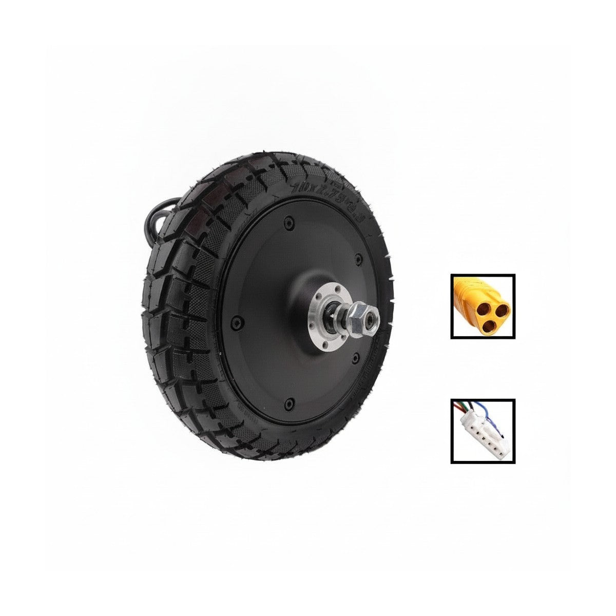 Moteur roue noir pour trottinette électrique équipé d'un pneu 10x2.75-6.5 avec vue sur ses connecteurs