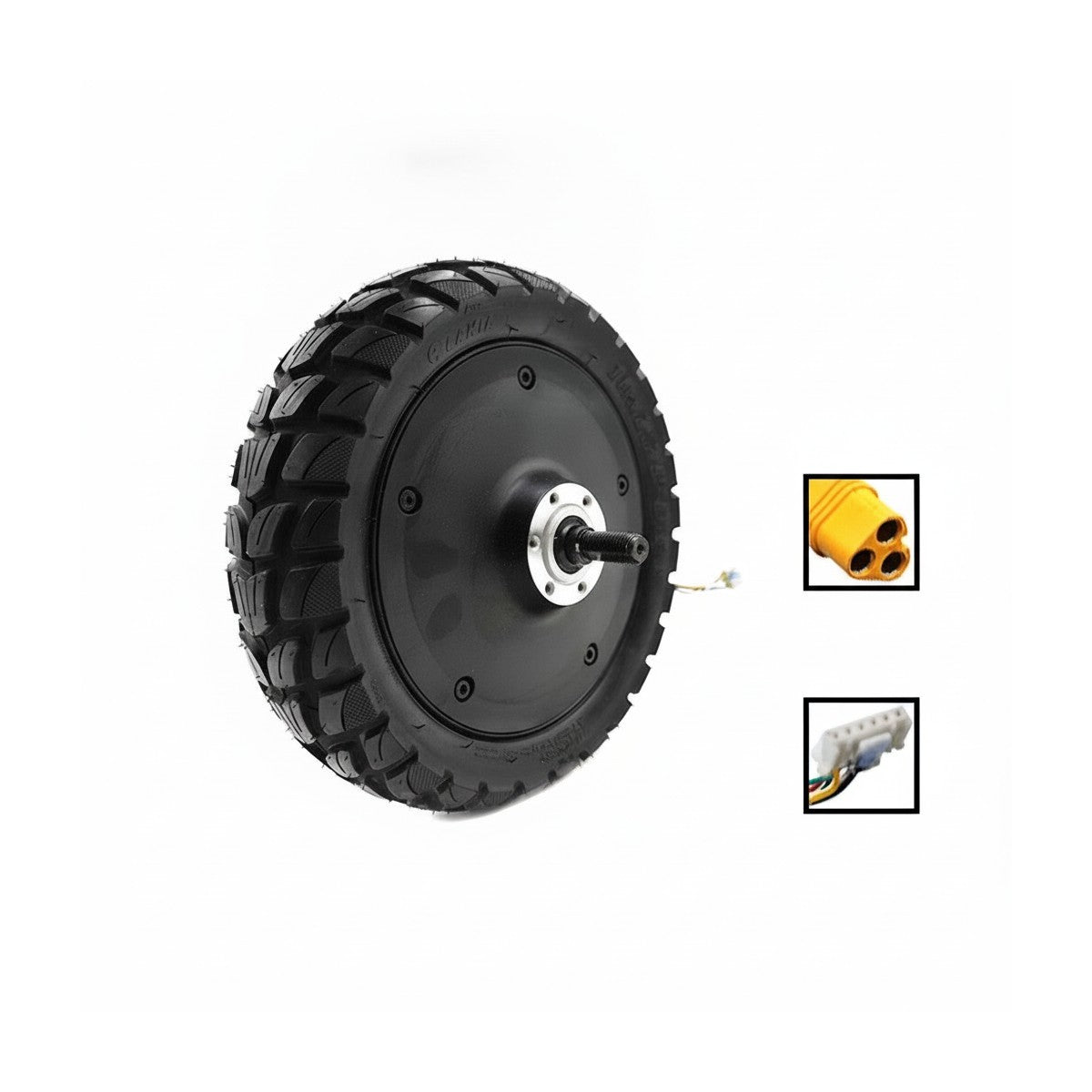 Moteur de trottinette électrique équipé d'un pneu tout-terrain vu de trois-quarts