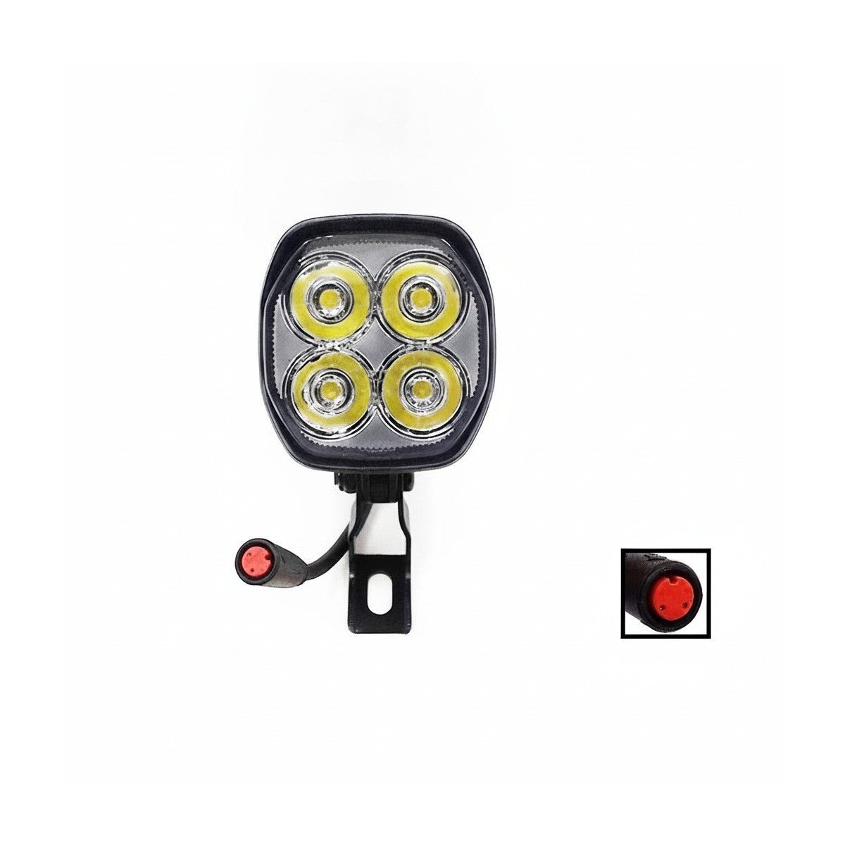 Phare avant LED noir à quatre optiques avec son support de fixation et son câble de connexion