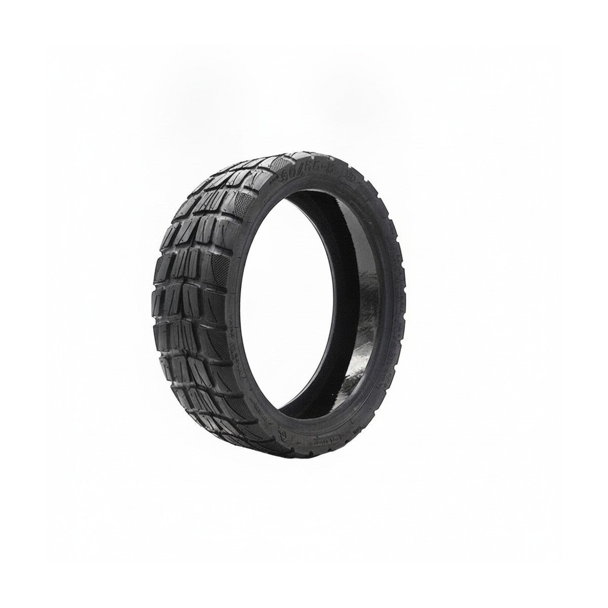 Pneu tubeless noir 80/55-8 avec gel anti-crevaison pour trottinette électrique vu de trois quarts.