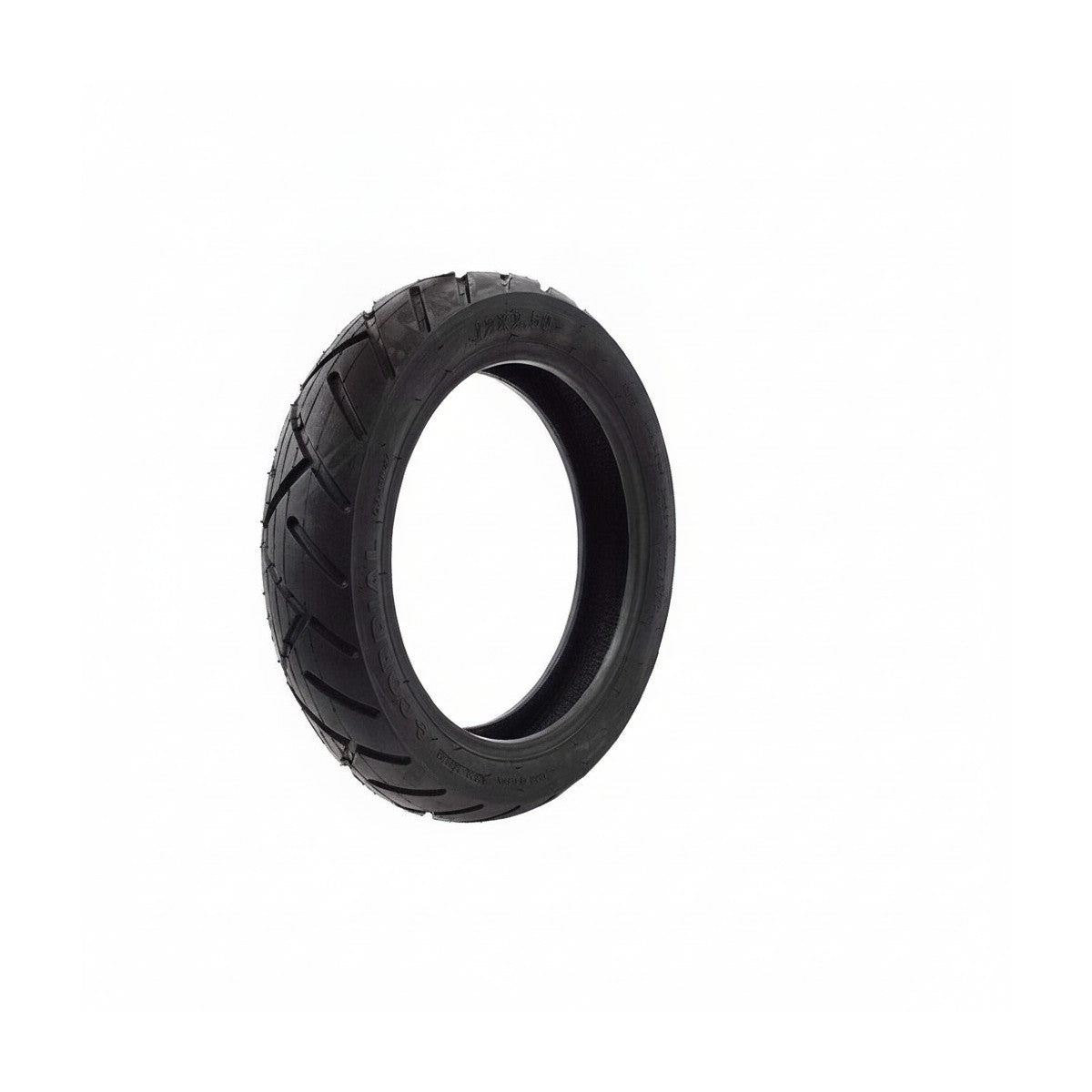 Pneu tubeless route 12x2.50 noir pour trottinette électrique vu de trois-quarts.