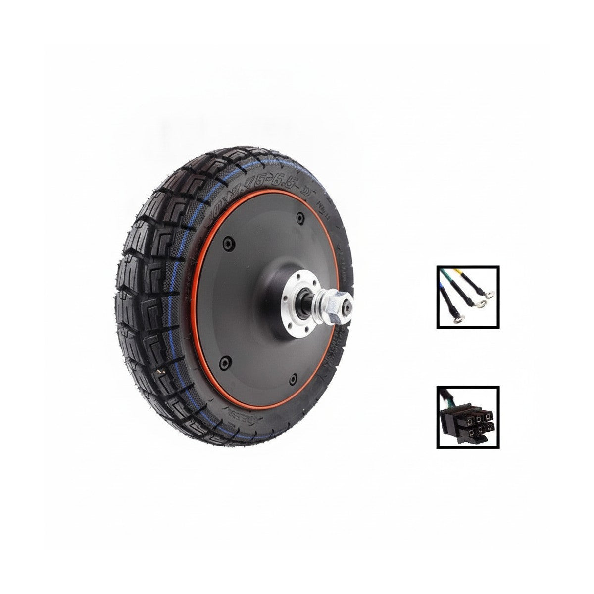 Moteur de trottinette électrique noir monté avec un pneu 10x2.75-6.5 et ses câbles de connexion