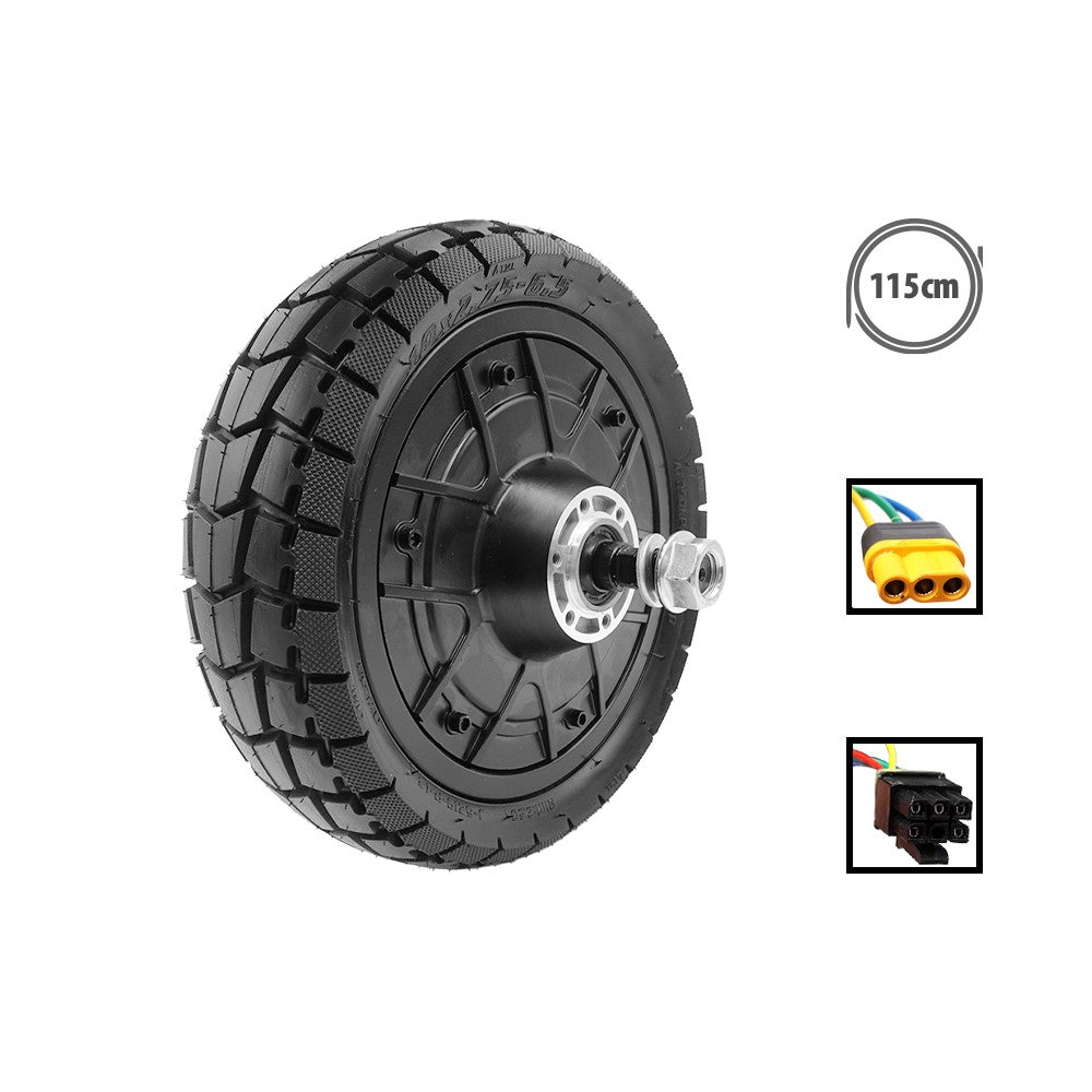Moteur arrière équipé d'un pneu tout-terrain pour trottinette électrique KuKirin G2 Master avec le détail des connecteurs