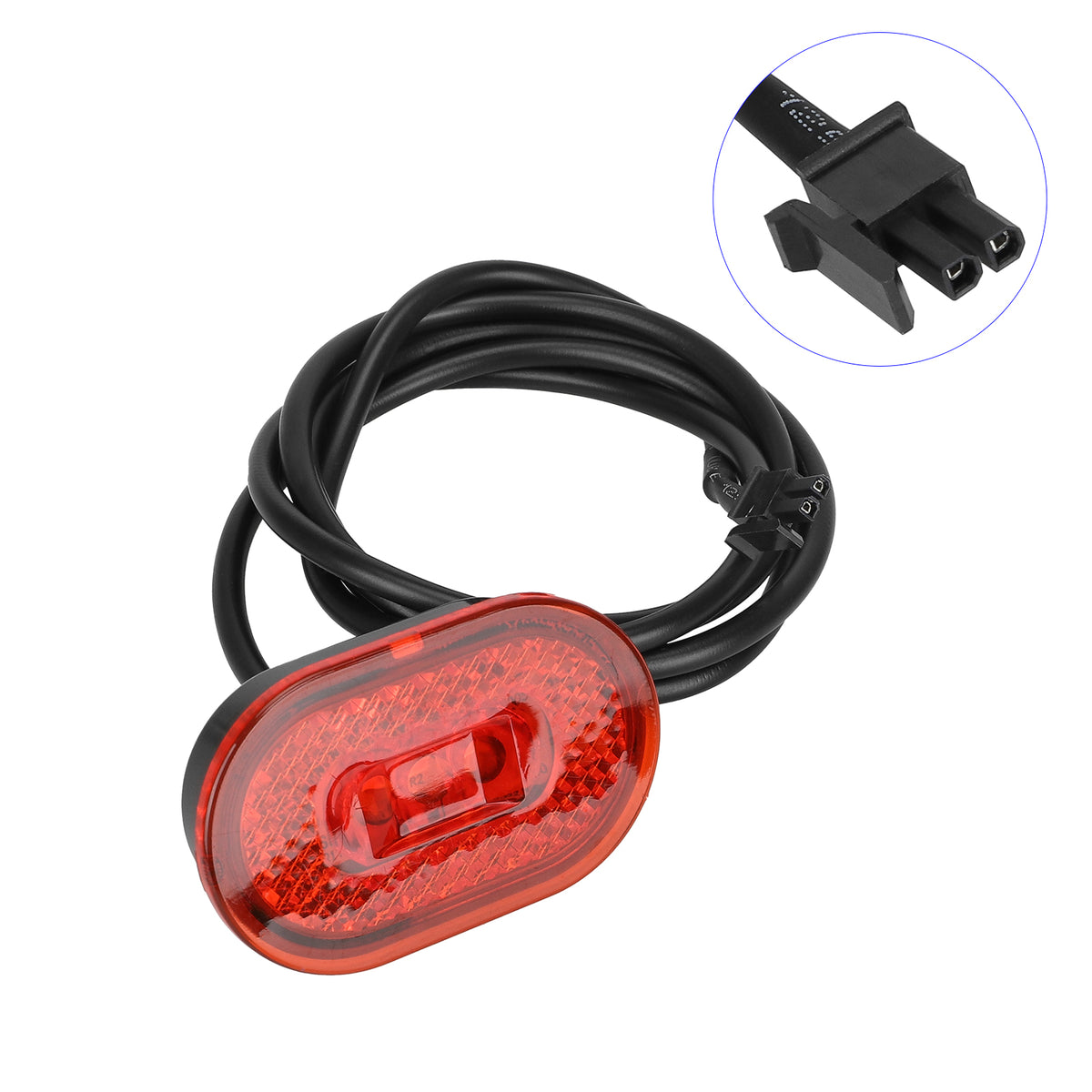 Feu arrière rouge pour trottinette électrique avec câble de connexion et zoom sur la prise