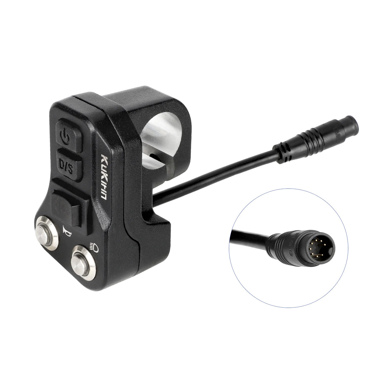 Commodo noir avec boutons métalliques et connecteur étanche
