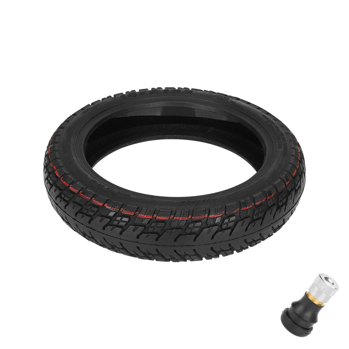 Pneu tubeless tout-terrain 10 pouces noir auto-réparant avec valve vu de trois-quarts