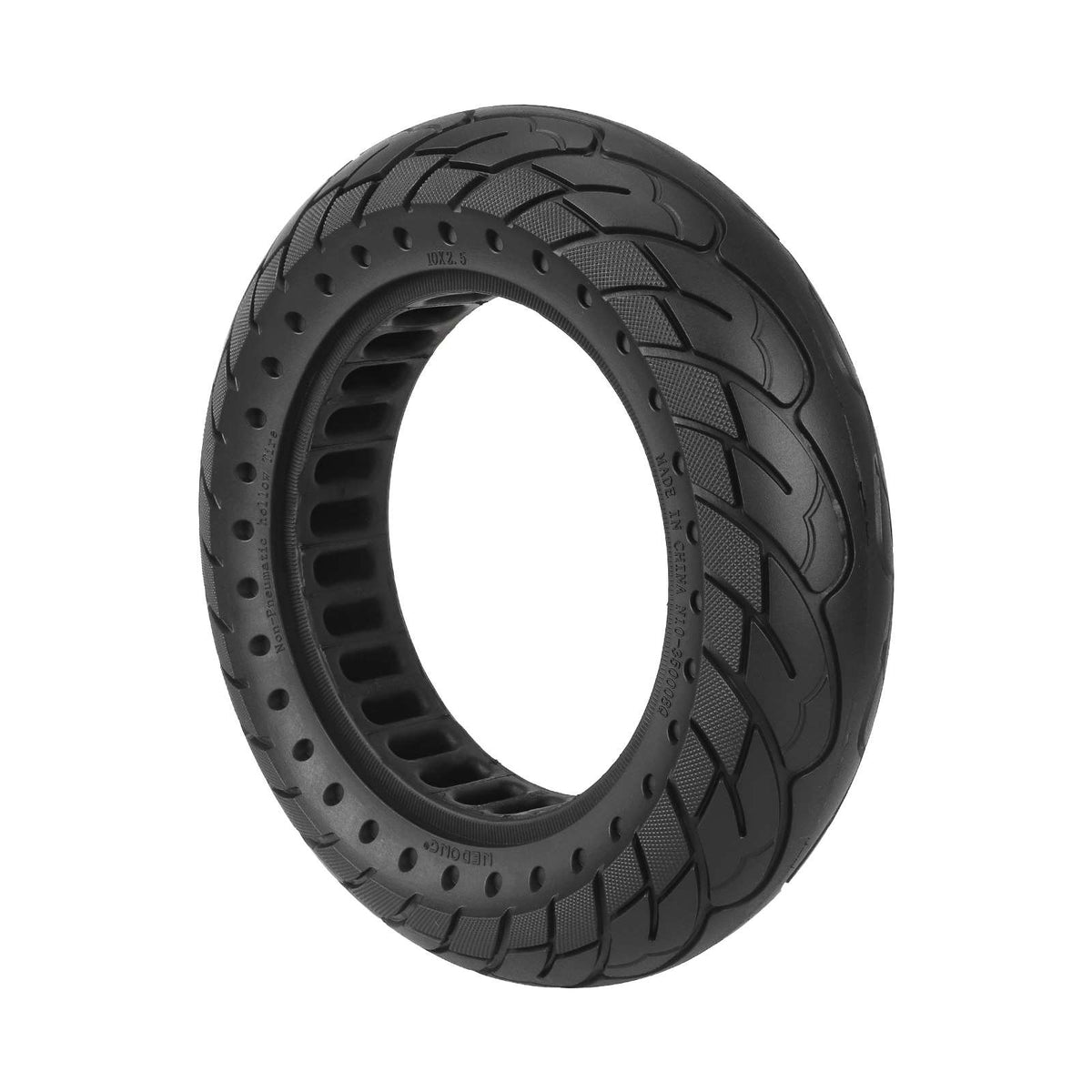 Pneu plein alvéolé noir 10 pouces (10x2,5) pour trottinette électrique vu de trois-quarts