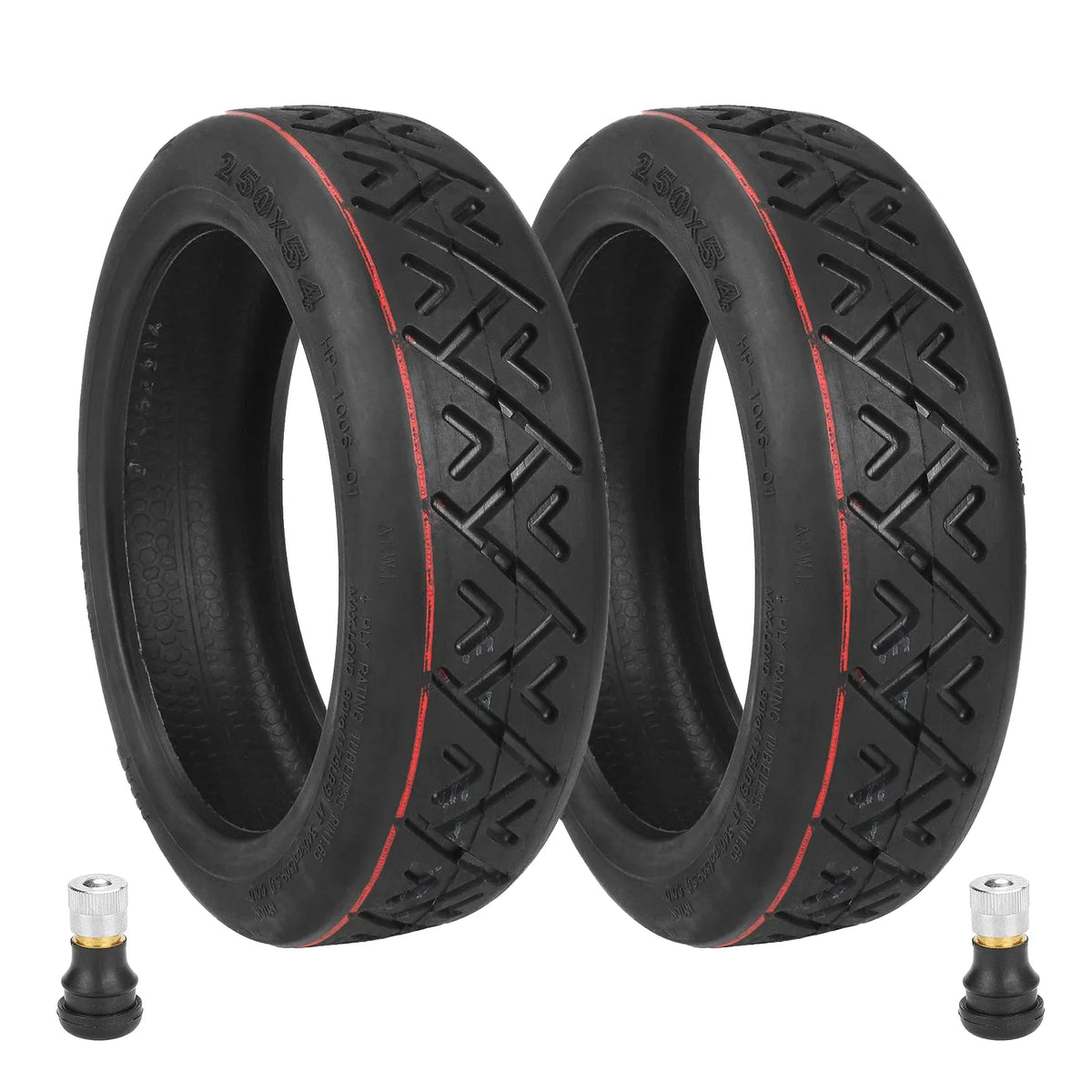 Deux pneus tubeless route 10 pouces noirs avec leurs valves droites