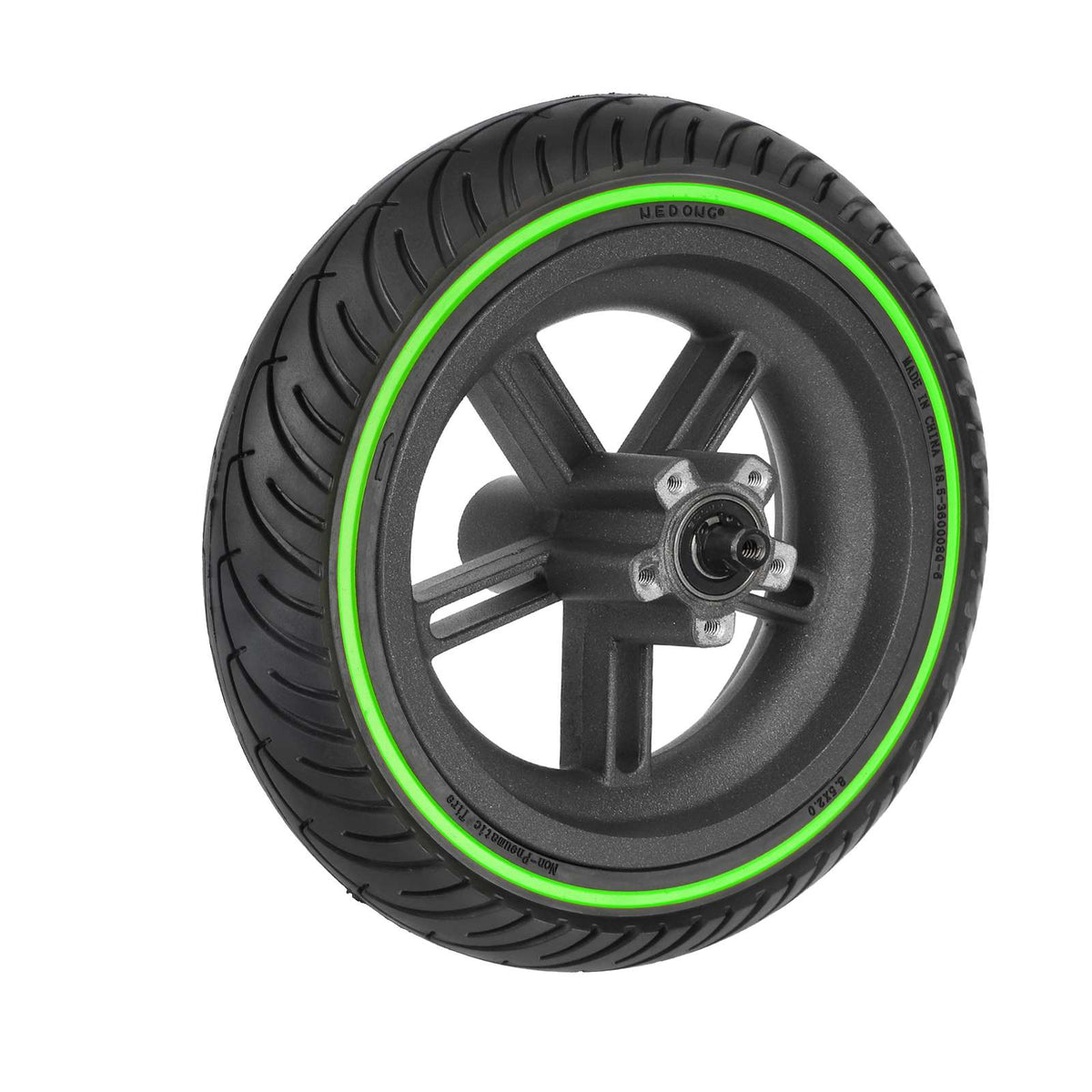 Roue complète avec pneu plein plein noir et liseré vert fluo montée sur jante