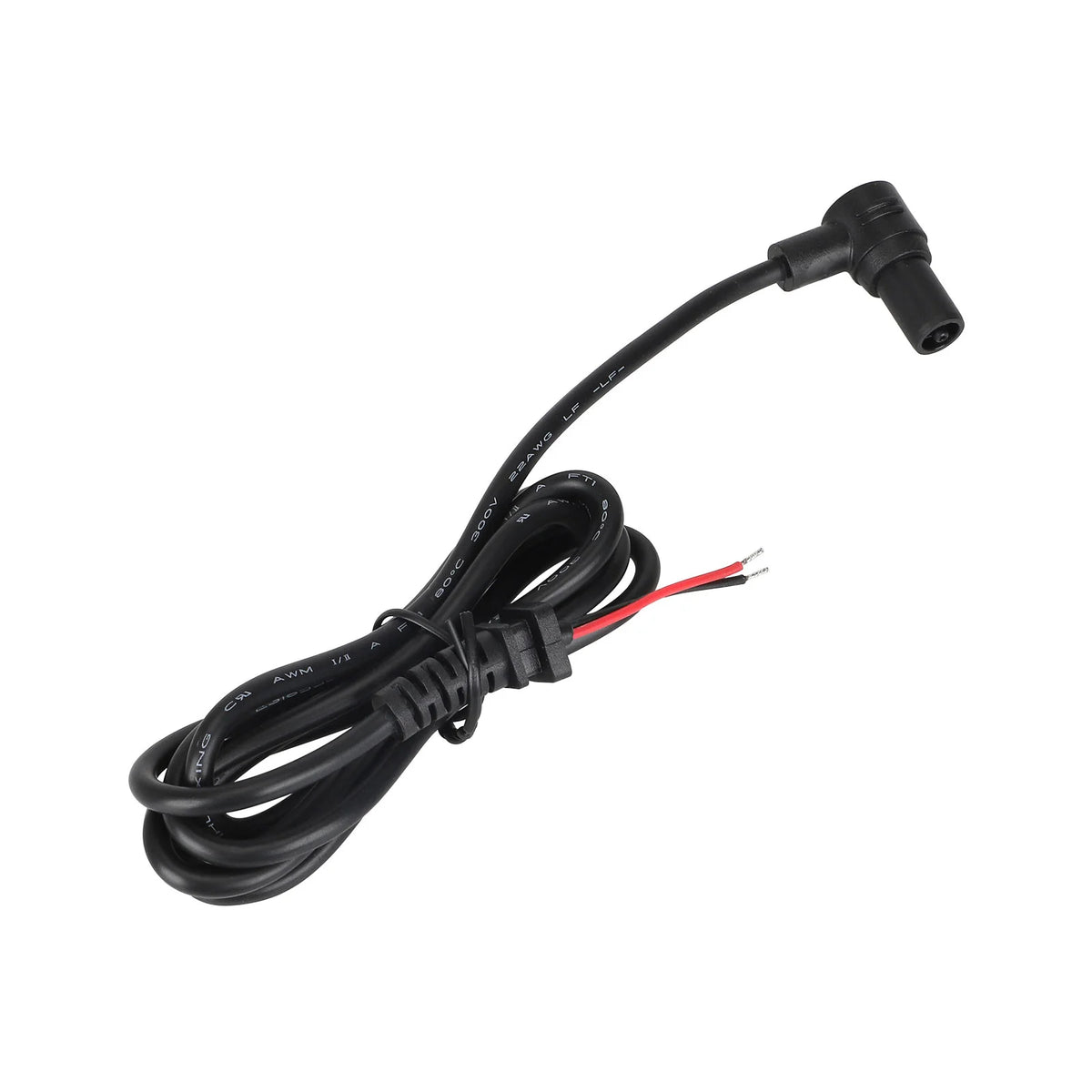 Câble adaptateur noir pour chargeur avec connecteur coudé et fils dénudés rouge et noir