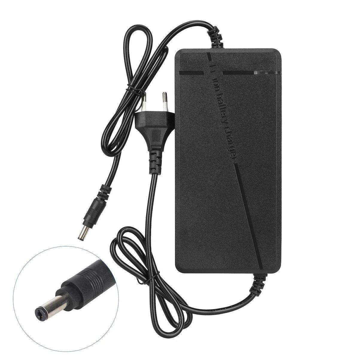 Chargeur rapide 54,6V 5A noir avec câble secteur EU et embout DC 2,1 mm