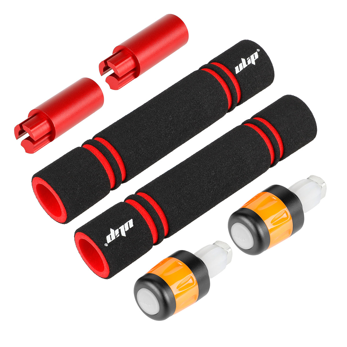 Poignées de guidon noires et rouges avec extensions aluminium et embouts clignotants oranges