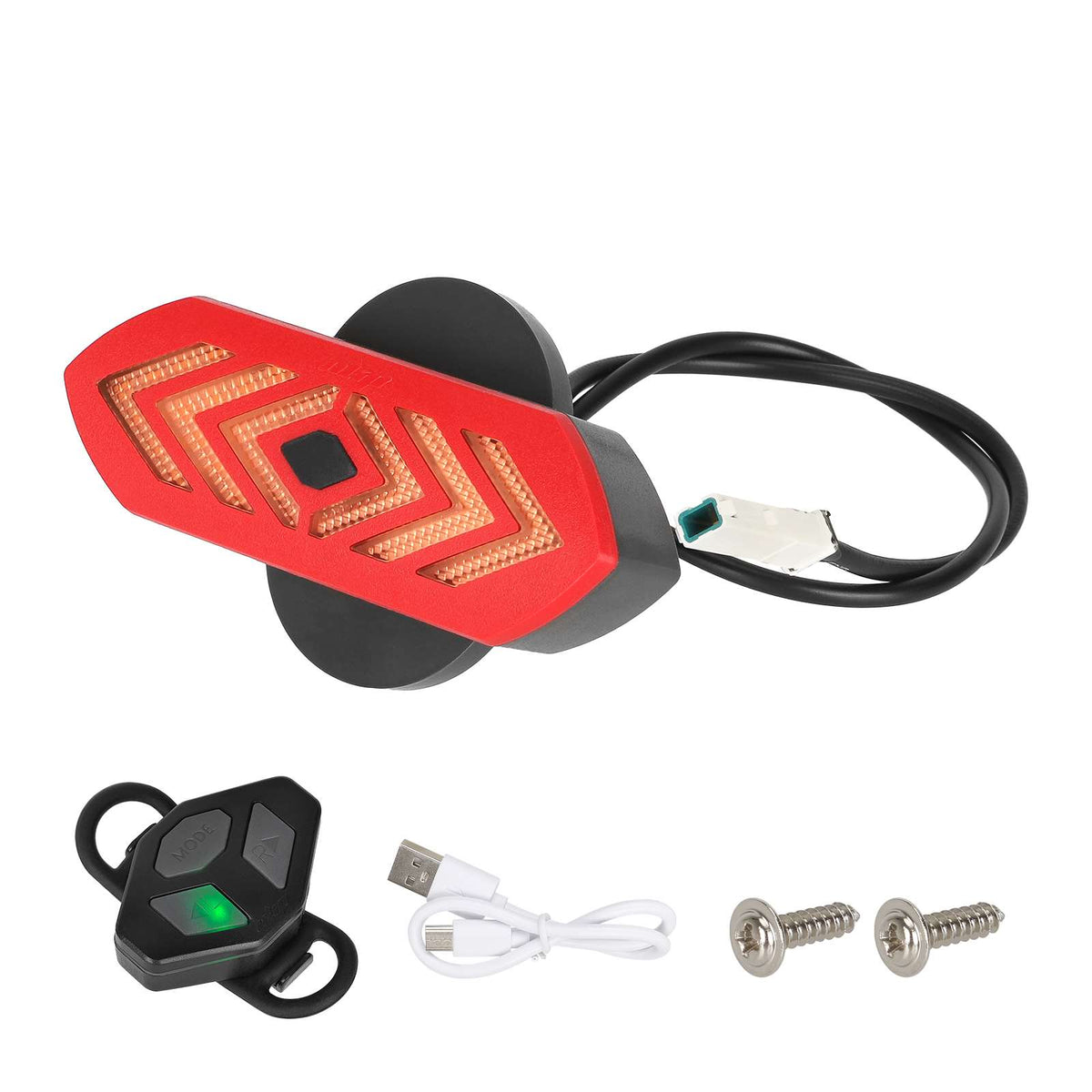 Feu arrière clignotant rouge et noir avec télécommande, câble USB et vis de fixation