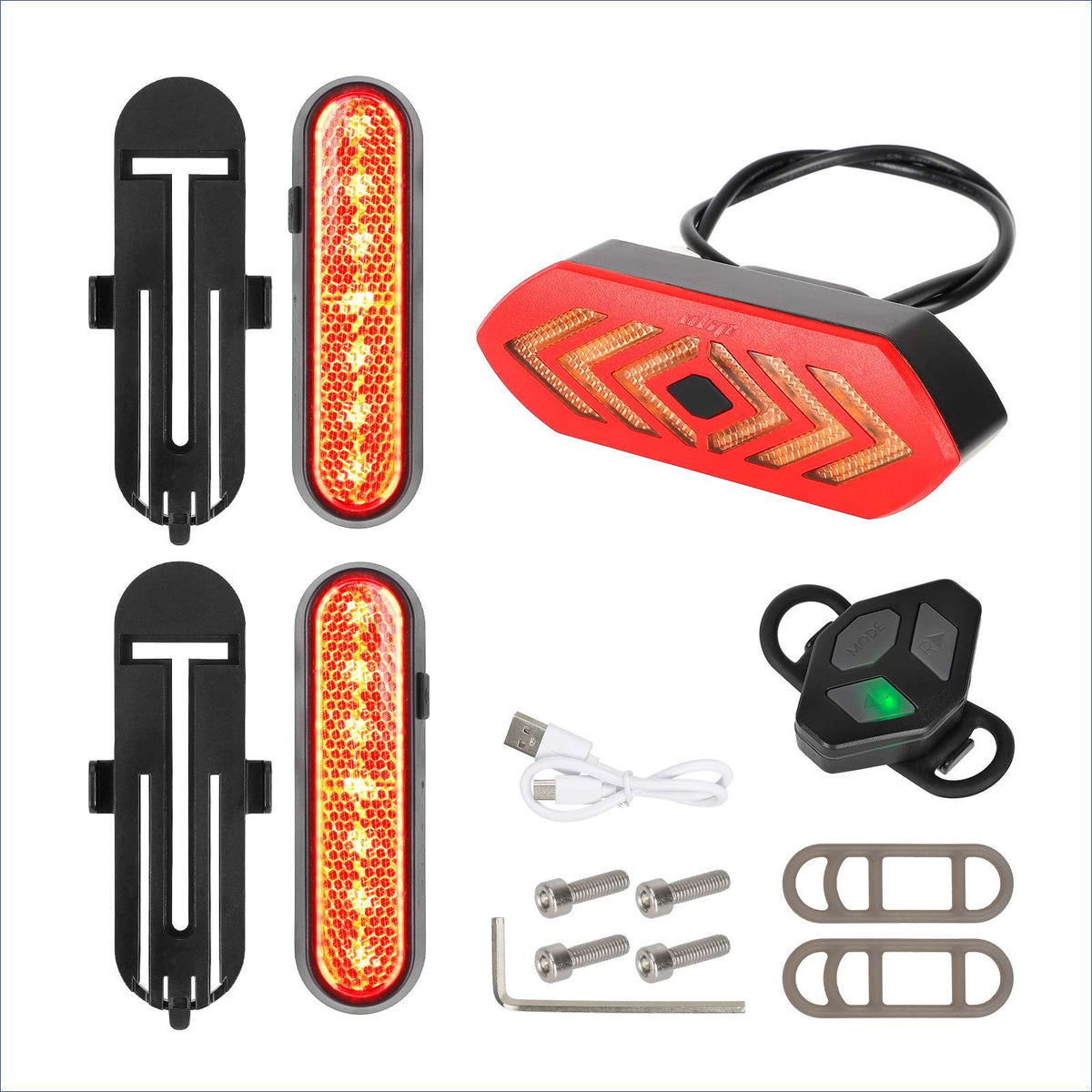 Kit complet de clignotants et feu arrière rechargeable avec télécommande sans fil et câbles de recharge USB