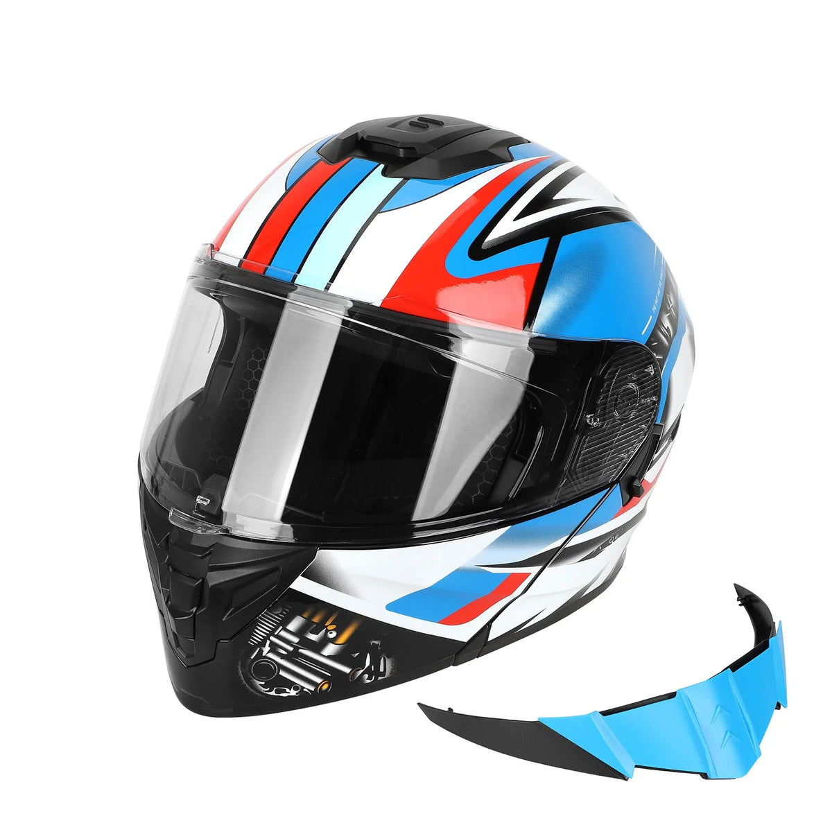 Casque intégral bleu, blanc et rouge avec visière pour trottinette électrique et vélo